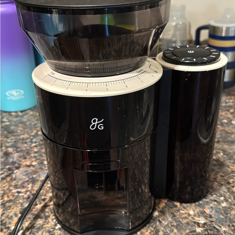 Greater Good Black Coffee Grinder and Weight Scale with White Accents